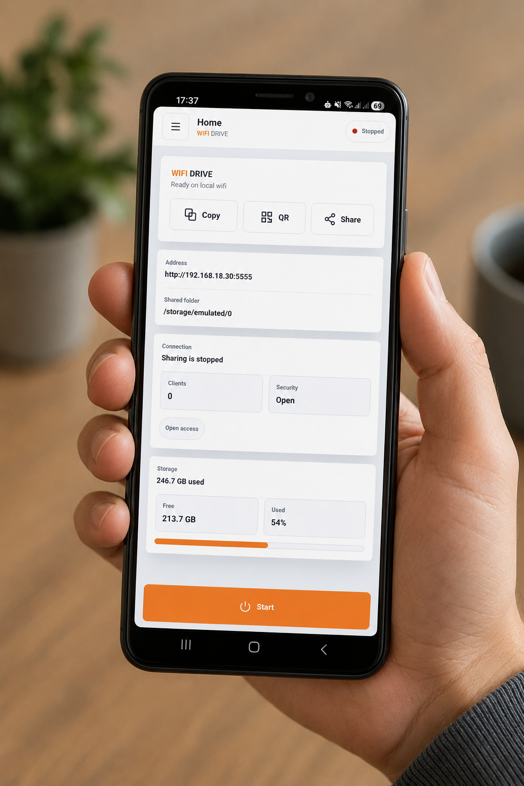 WiFi Drive App Mockup showing wireless file management interface on an Android smartphone